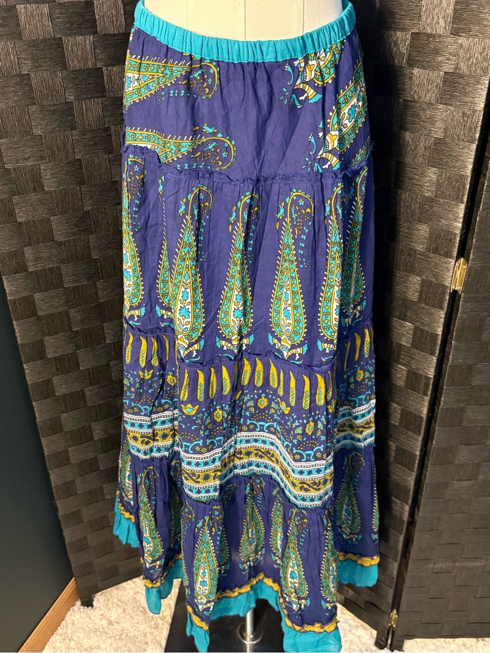 Bohemian Café Blue Paisley Flowy Tiered Hippie Rayon Maxi Skirt